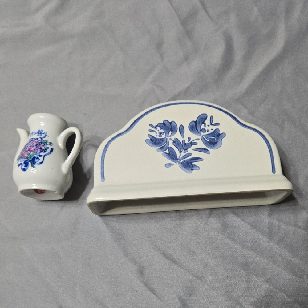 Blue and White Ceramic Napkin Holder & Mini Tea Kettle